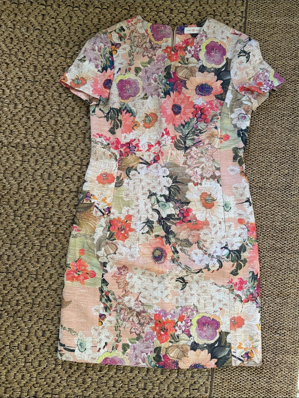 Vintage Tory Burch Floral Textured Short Sleeve Sheath Dress - Pink Multi